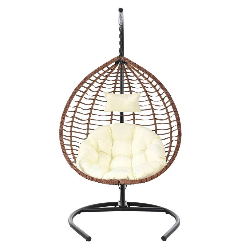Indoor Outdoor Hanging Hammock Chair with Stand, Rattan Egg Swing Chair with Plush Cushion and Removable Headrest