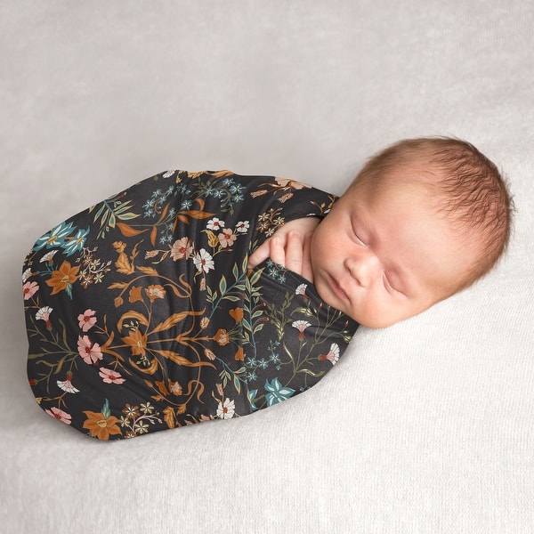 slide 2 of 6, Sweet Jojo Designs Boho Wildflower Vintage Floral Girl Baby Swaddle Receiving Blanket Black Rust Bohemian Farmhouse Leaf Flower