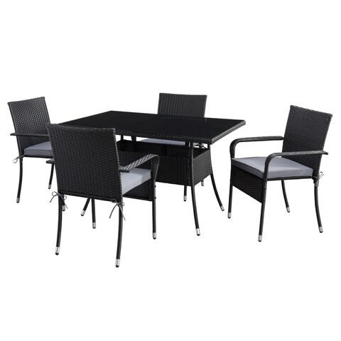CorLiving Parksville Rectangle Patio Dining Set- Stackable Chairs - Black Finish/Ash Grey Cushions 5pc