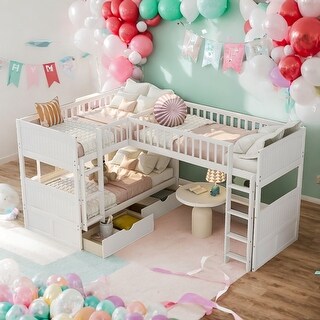 Twin Size Bunk Bed with a Loft Bed attached, with Two Drawers,At Least 3 Persons,White
