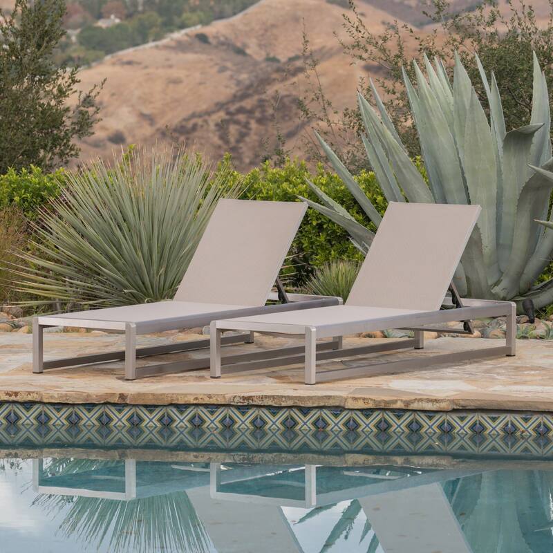2pc Modesta Chaise Lounge Set Grey Adjustable Outdoor Mesh Patio Furniture with Aluminum Frame 76in