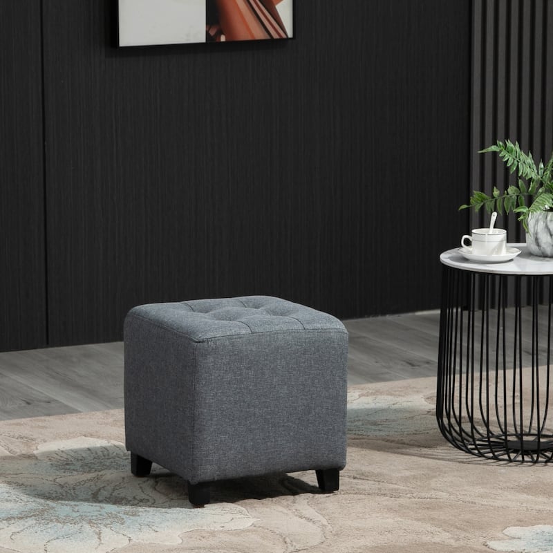 HOMCOM Tufted Ottoman Linen-Touch Fabric Upholstered Footrest Stool with Anti-Slip Pads