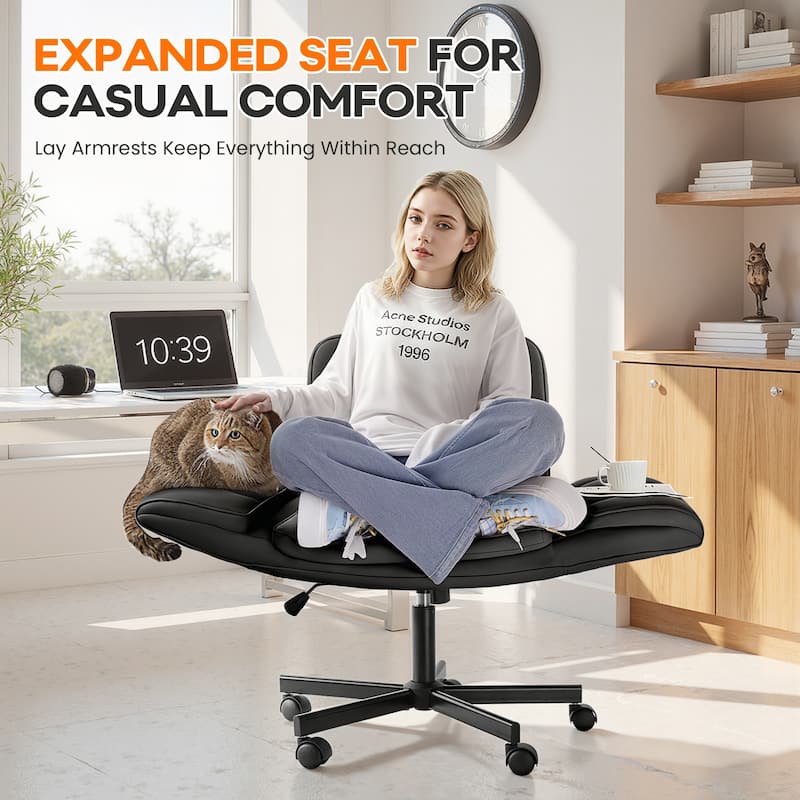 BOSSIN Criss Cross Office Chair with Arms and Wheels - Adjustable Swivel PU Leather Desk Chair for Makeup Vanity, Bedroom