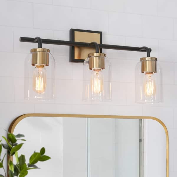 slide 2 of 13, Modern 3/4-Light Black Gold Linear Bathroom Vanity Light Cylinder Glass Wall Sconces 3-Light - Black/ Gold