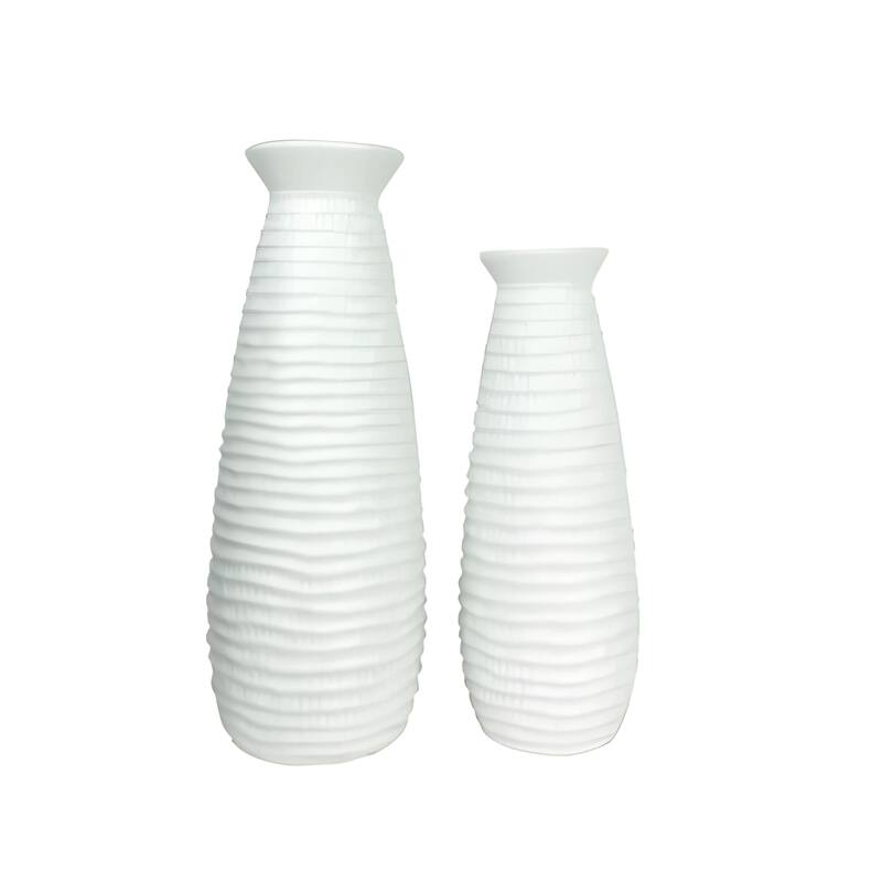 White Ceramic Vase Set of Two with Matte Finish and Cylindrical Shape