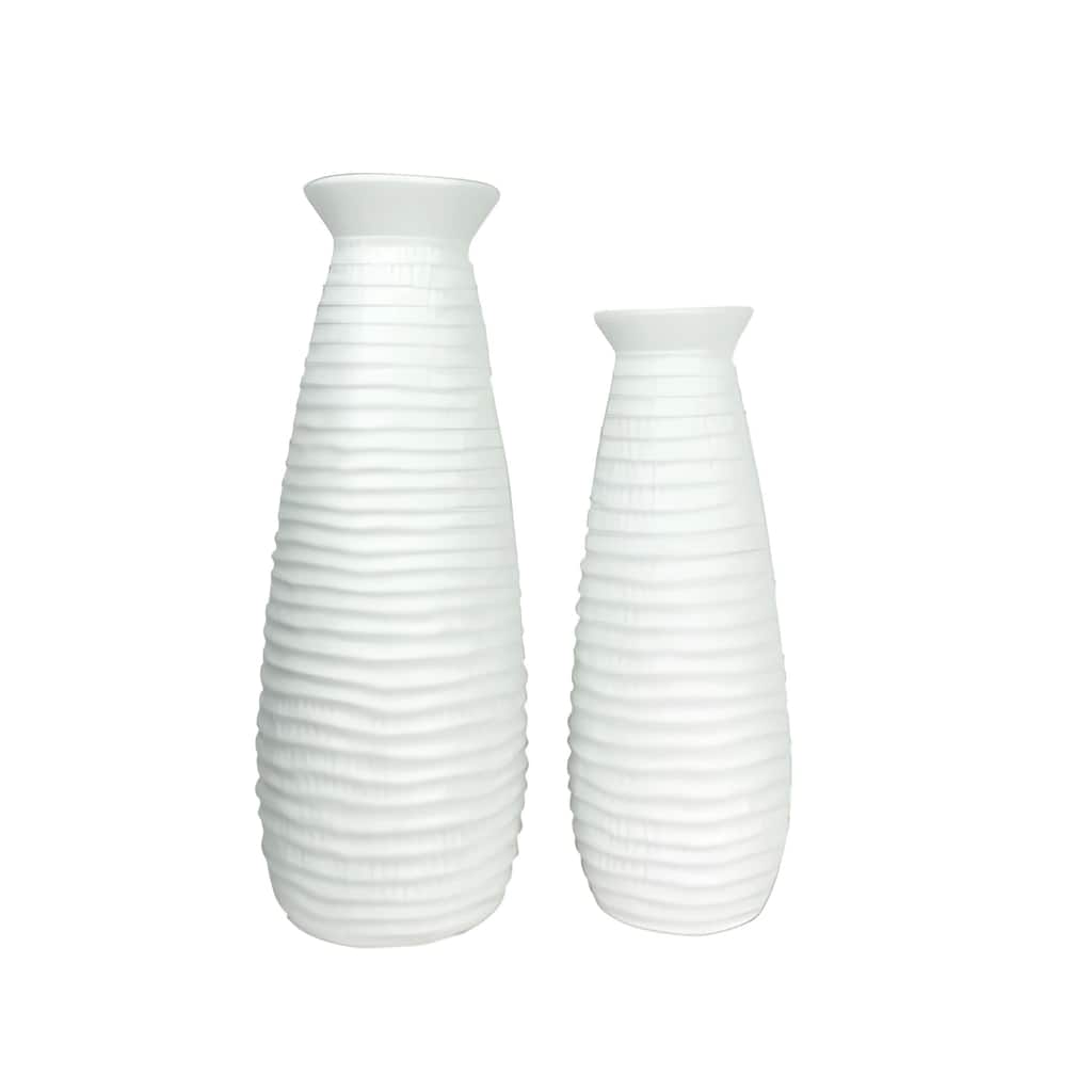 White Ceramic Vase Set of Two with Matte Finish and Cylindrical Shape