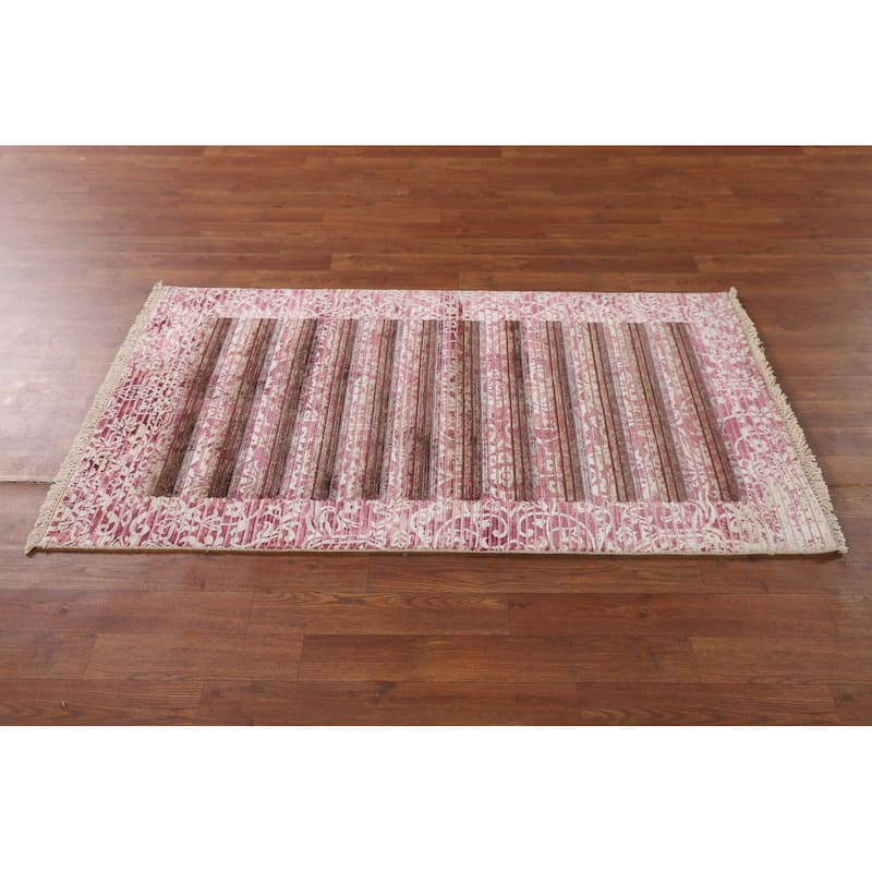 Striped Pink Abstract Modern Accent Rug Handmade Wool Carpet - 2'7"x 4'9"