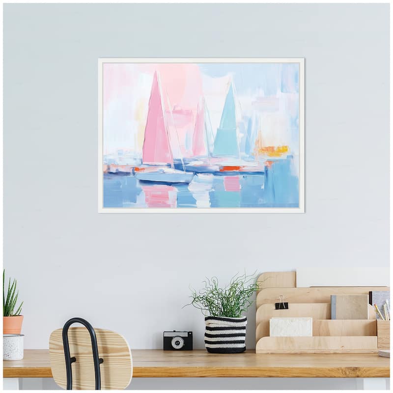 Kate and Laurel Sylvie Abstract Sailboat Harbor Landscape Pastel and Pops of Color Framed Canvas by The Creative Bunch Studio