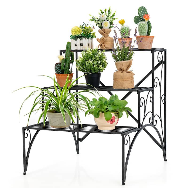 Costway 3 Tier Stair Style Metal Plant Stand Garden Shelf Flower Pot - Black