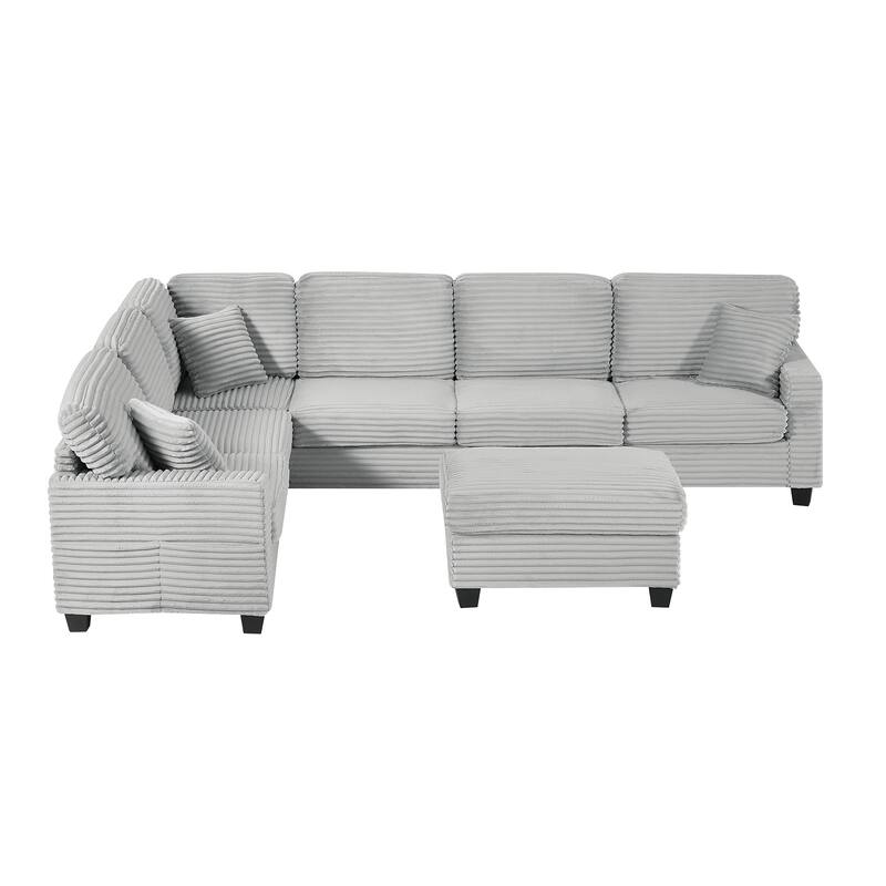 Corduroy U-Shaped Sectional Sofa 125.2" Upholstered Sofa with Movable Footstool and Side Storage Pockets, Pillow