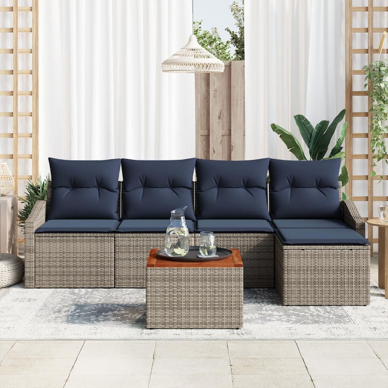 vidaXL 6 Garden Sofa Set with Cushions Black/Grey Poly Rattan - 91.7 x 24.4 x 27.2