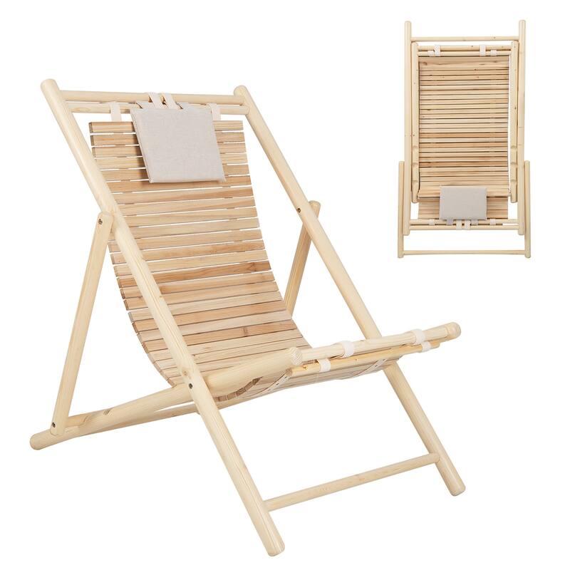 Patio Outdoor Adjustable Folding Wood Sling Chair Reclining Lounge - 1 PCS