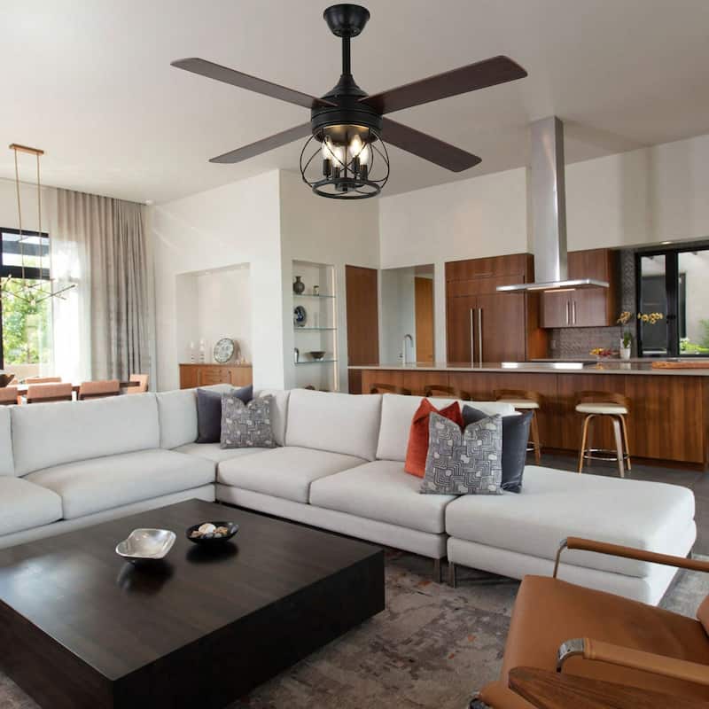 Cusp Barn 52" Modern Ceiling Fan with Light and Remote,Black 4-Light 6 Speeds Quiet Operation Reversible Caged Ceiling Fan