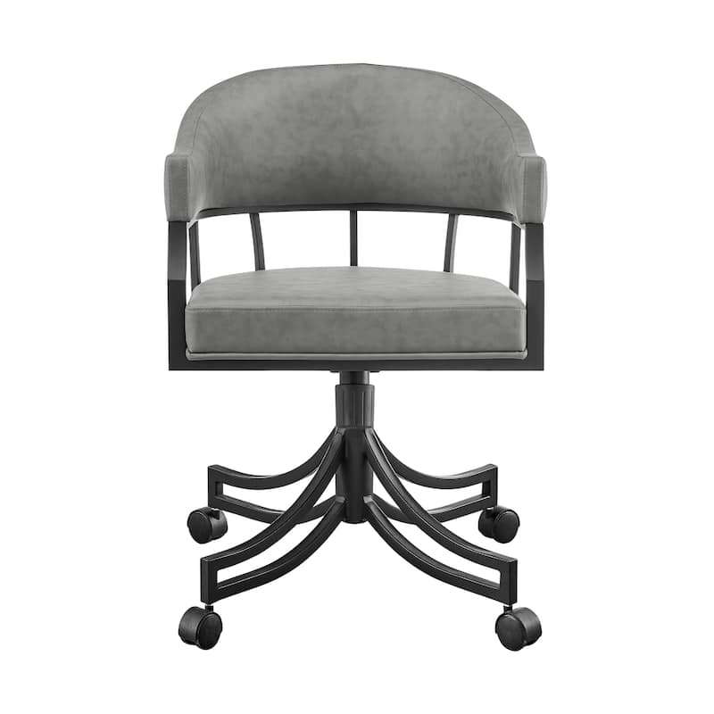 Tibby Swivel Dining Chair, Tilt Rolling, Black Iron, Gray Faux Leather
