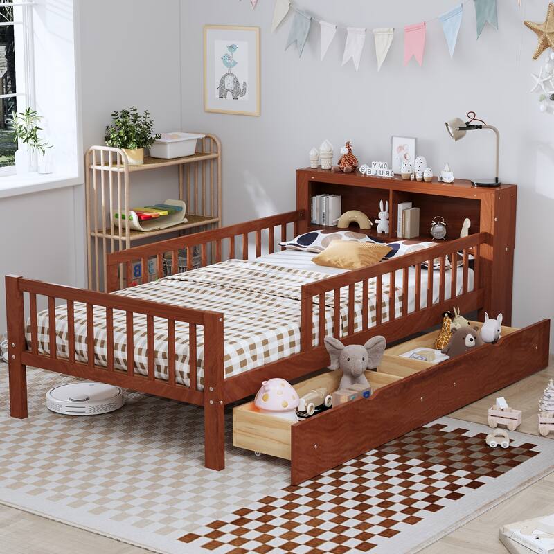 Safe Kids Bed Platform Bed Twin Size Wood Bed Frame with Storage Headboard and 2 Drawers Under, 3-Side Guardrails for Boys Girls