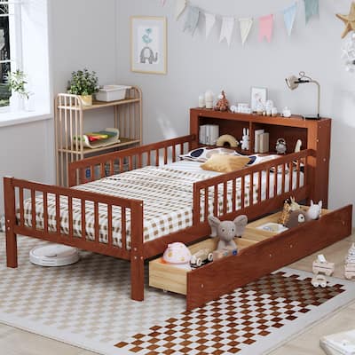 Twin Size Platform Bed with Built-In Headboard Shelves, Safety Guardrails & 2 Storage Drawers, Space-Saving Wood Frame
