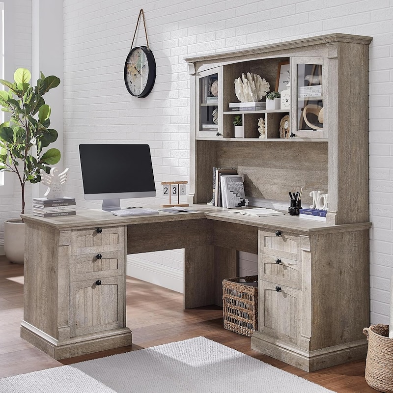 Farmhouse Computer Desk with Hutch, Wood Home Office Desk - Light Rustic Oak