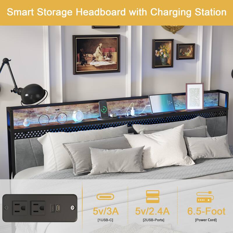 Queen Size Metal Platform Bed Frame with LED RGB Headboard, 4 Rolling Storage Drawers, Built-In Charging Station