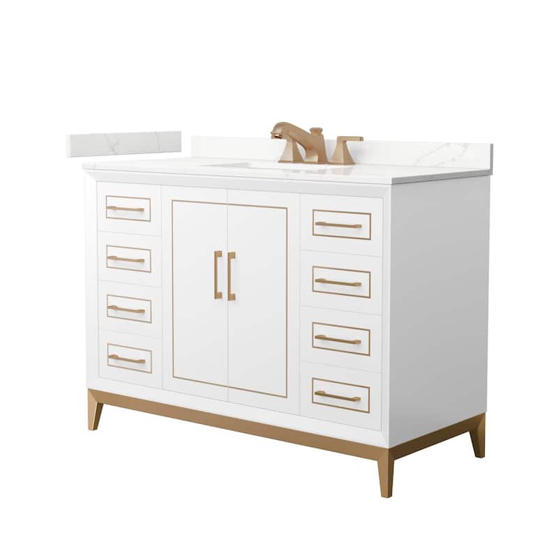 Wyndham Collection WCH515148S-QTZ-US3MXX Marlena 48" Free Standing - White / Giotto Quartz Top / Satin Bronze Hardware