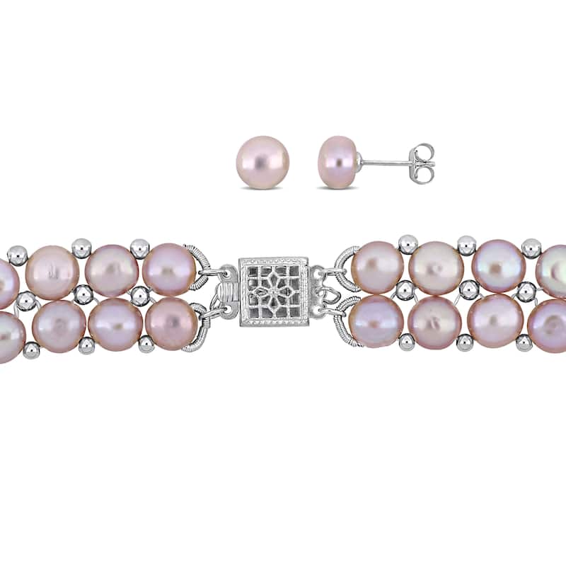 Miadora Pink Cultured Freshwater Pearl Double Row Strand Jewelry Set Sterling Silver