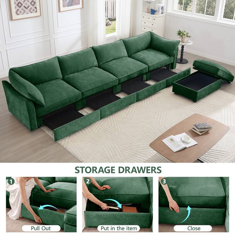 L-Shaped 4 Seater Sectional Sofa Couch,4-seat Sofa with 1 Movable Ottoman, Crescent-shaped Armrests And Wraparound Back