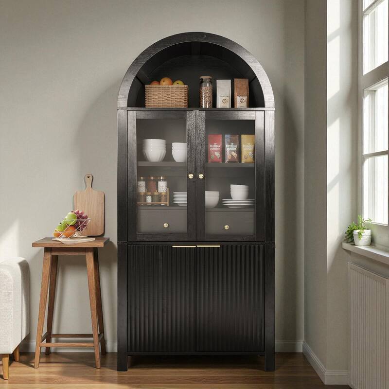 71" Tall Fluted Pantry Cabinet with Glass Doors, Adjustable Shelves and Hidden Drawer for Kitchen or Dining Room - Black