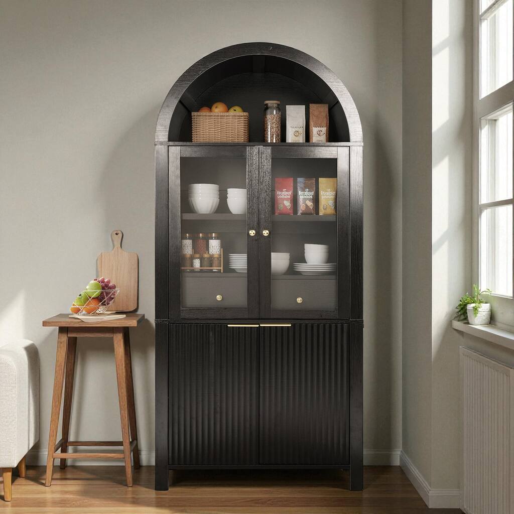 71" Tall Fluted Pantry Cabinet with Glass Doors, Adjustable Shelves and Hidden Drawer for Kitchen or Dining Room