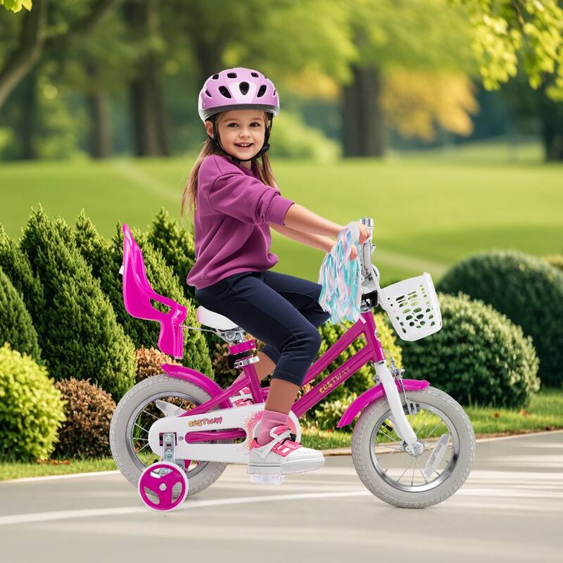 Kids Bike for Girls with Basket and Adjustable Doll Seat Dual Brakes Removable Training Wheel
