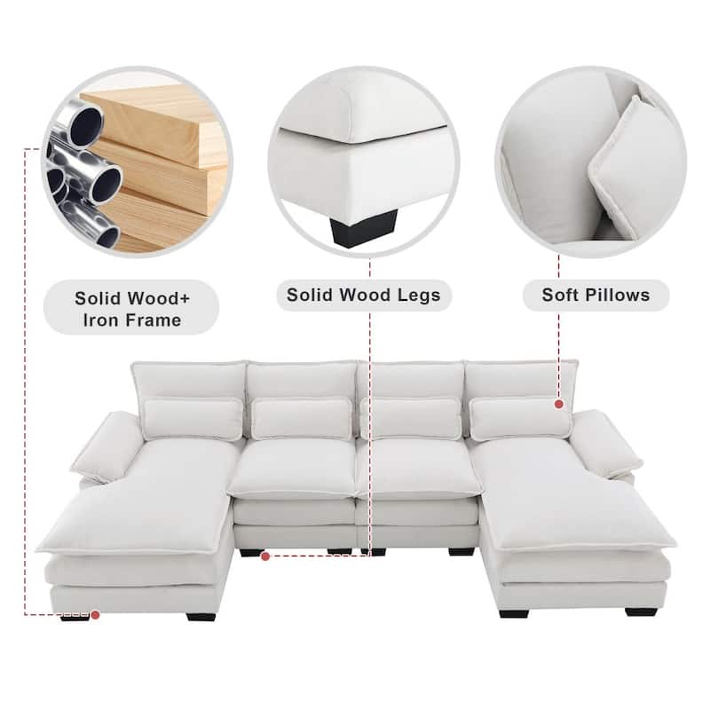 110*55" Modern U-Shaped Sectional Sofa with Waist Pillows,6-Seat Upholstered Symmetrical Sofa Furniture