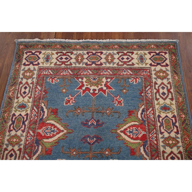 Blue Geometric Kazak Oriental Foyer Rug Handmade Wool Carpet - 2'11" x 4'11"