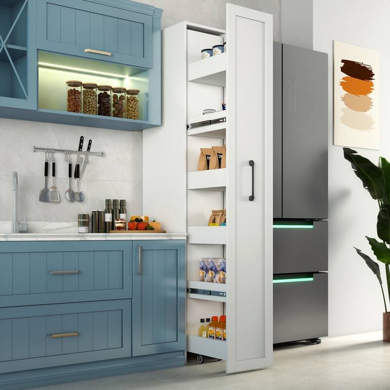 White Wooden Kitchen Rolling Storage Cabinet Pantry Shelf with Handle and Wheels - White