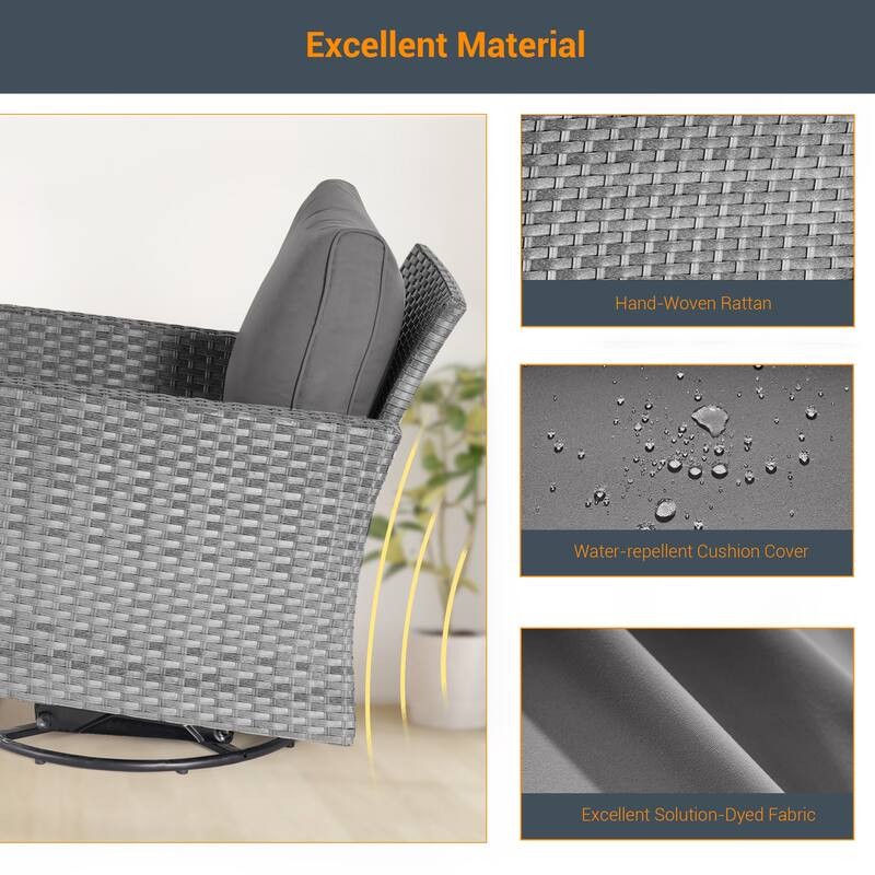 LIVOOSUN 3-Piece Patio Sofa Set Outdoor Rattan Swivel Rocking Chair Glass Table