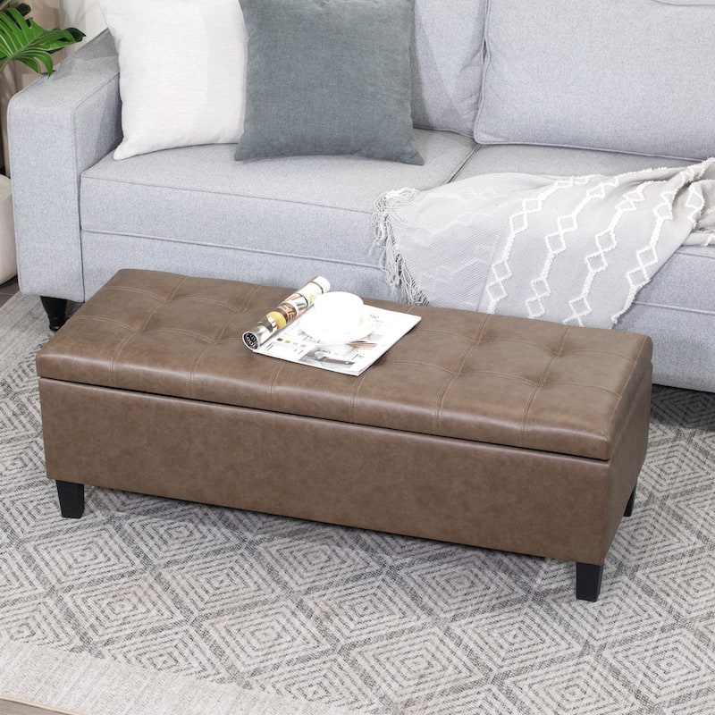 Adeco Faux Leather Storage Ottoman Bench for Living Room - 45"x16.5"x15.8" - Brown