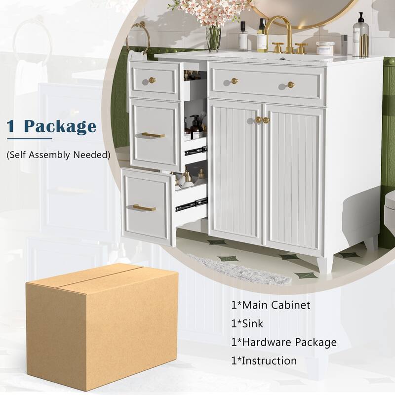 36" Bathroom Vanity with Ceramic Sink, Standard and Double-Layer Drawers, Soft Close Doors, Adjustable Shelves, Storage Cabinet