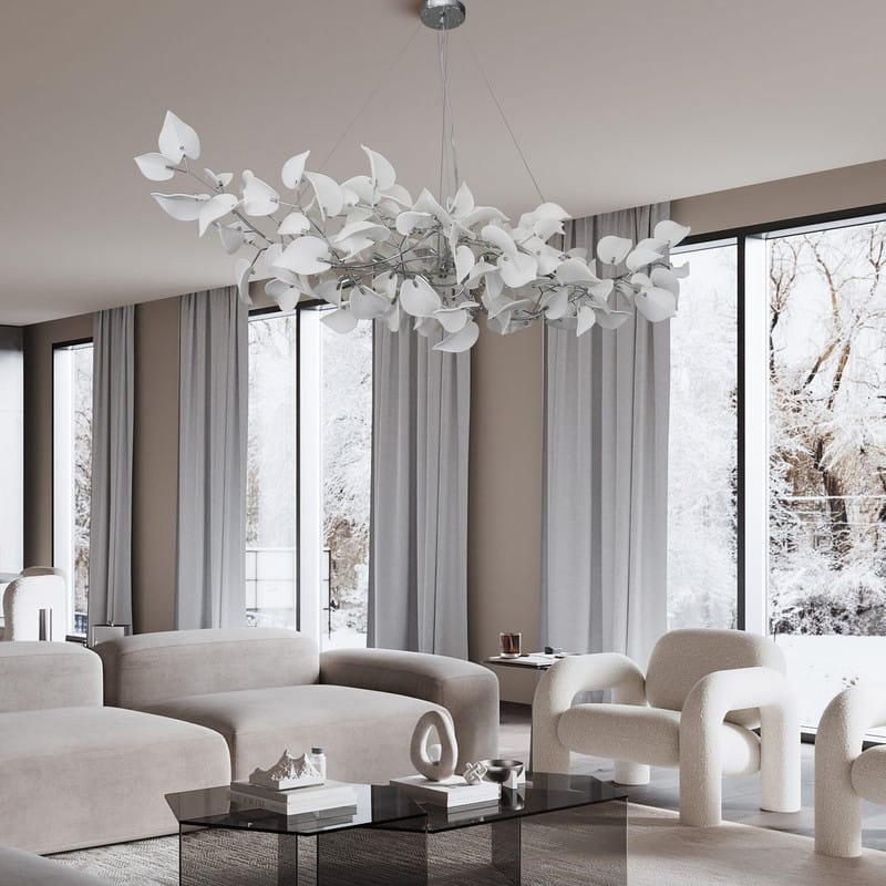 KAYLA 31.5" 6-Light Luxury Gold Round Chandelier, Modern Ceramic Leaf Branch