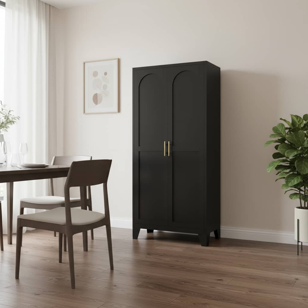 HomeRoots 71" Black Stainless Steel Pantry Or Storage Closet With Arched Panel Doors - 31.50 in. x 70.87 in. x 15.75 in.