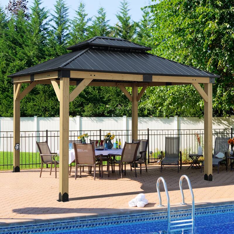 Aoodor 10 x 12 ft Wooden Frame Gazebo with 2-Tier Galvanized Metal Hardtop Roof, Outdoor Patio Gazebo with Charging Socket