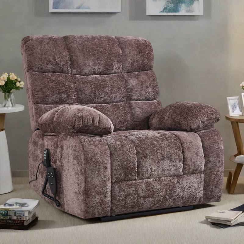 Chenille Power Lift Recliner Chair for Big and Tall with Massage, Heat, Dual Motors, and 180° Recline - Brown