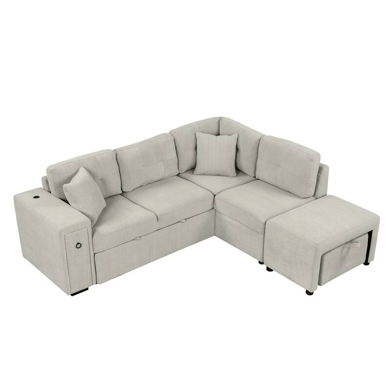 Convertible Sectional Sofa Bed with Ottoman, Chenille L-Shaped Pull Out Couch with Drawer 2 USB Ports & 2 Cup Holders