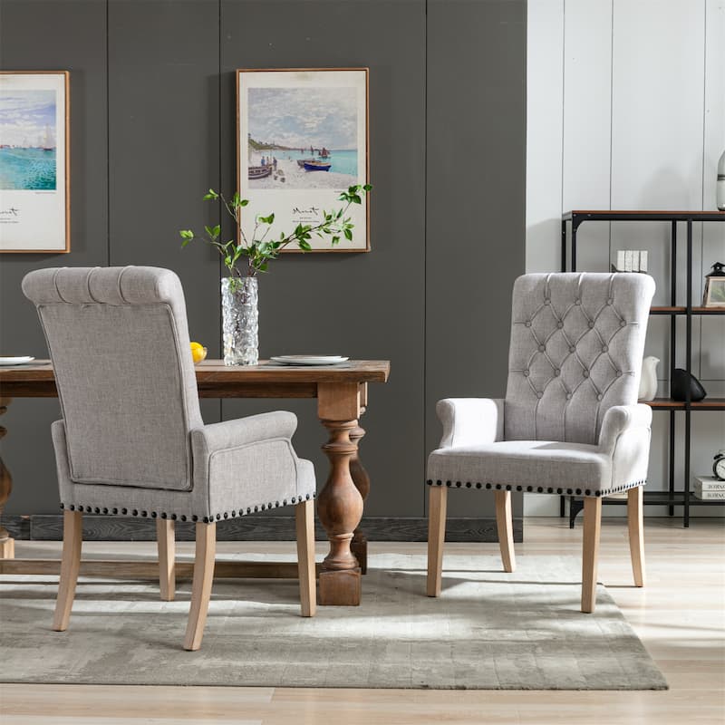 Fabric Upholstered High Back Arm Dining Chair with Oak Wood Legs