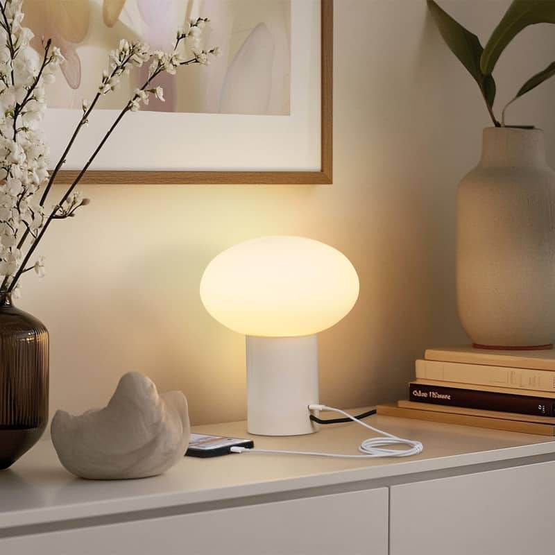 Brightech Ivy LED Glossy Off-White Cream Midcentury Round Globe Dimmable Bedside Nightstand Desk Lamp
