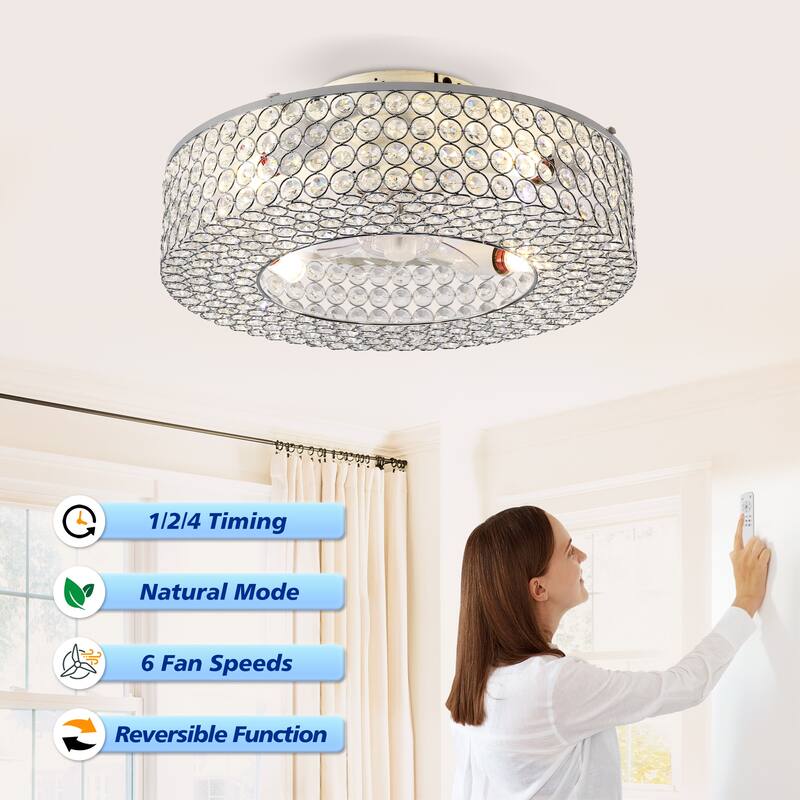 19.6'' Crystal Ceiling Fans with Remote, Flush Mount Ceiling Fan with Light, Chandelier Fan 6 Speed DC Motor Reversible