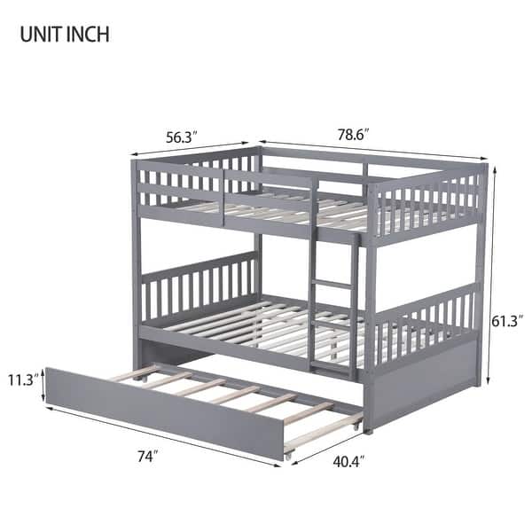dimension image slide 1 of 3, Bunk Bed with Trundle, Ladder and Guardrails, Convertible to 2 Full Size Beds