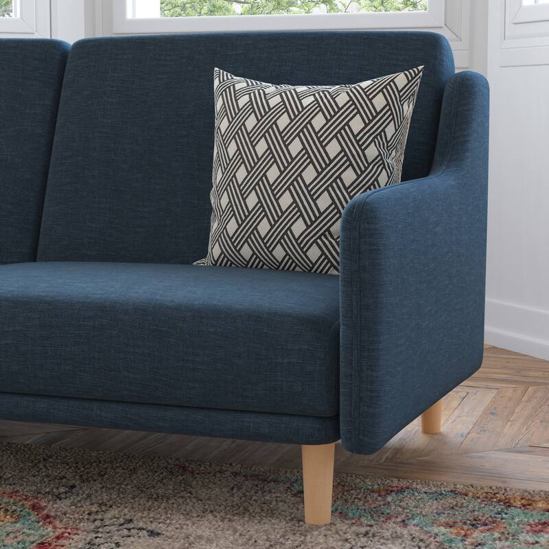 Split Back Futon Sofa with Curved Arms and Solid Wood Legs