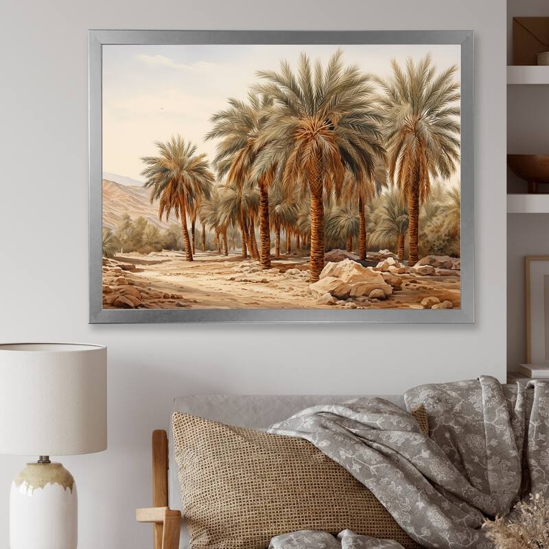 Designart "Palm Tree Desert Oasis " Palms & Palm Trees Framed Canvas Prints - 20 in. wide x 12 in. high - Silver