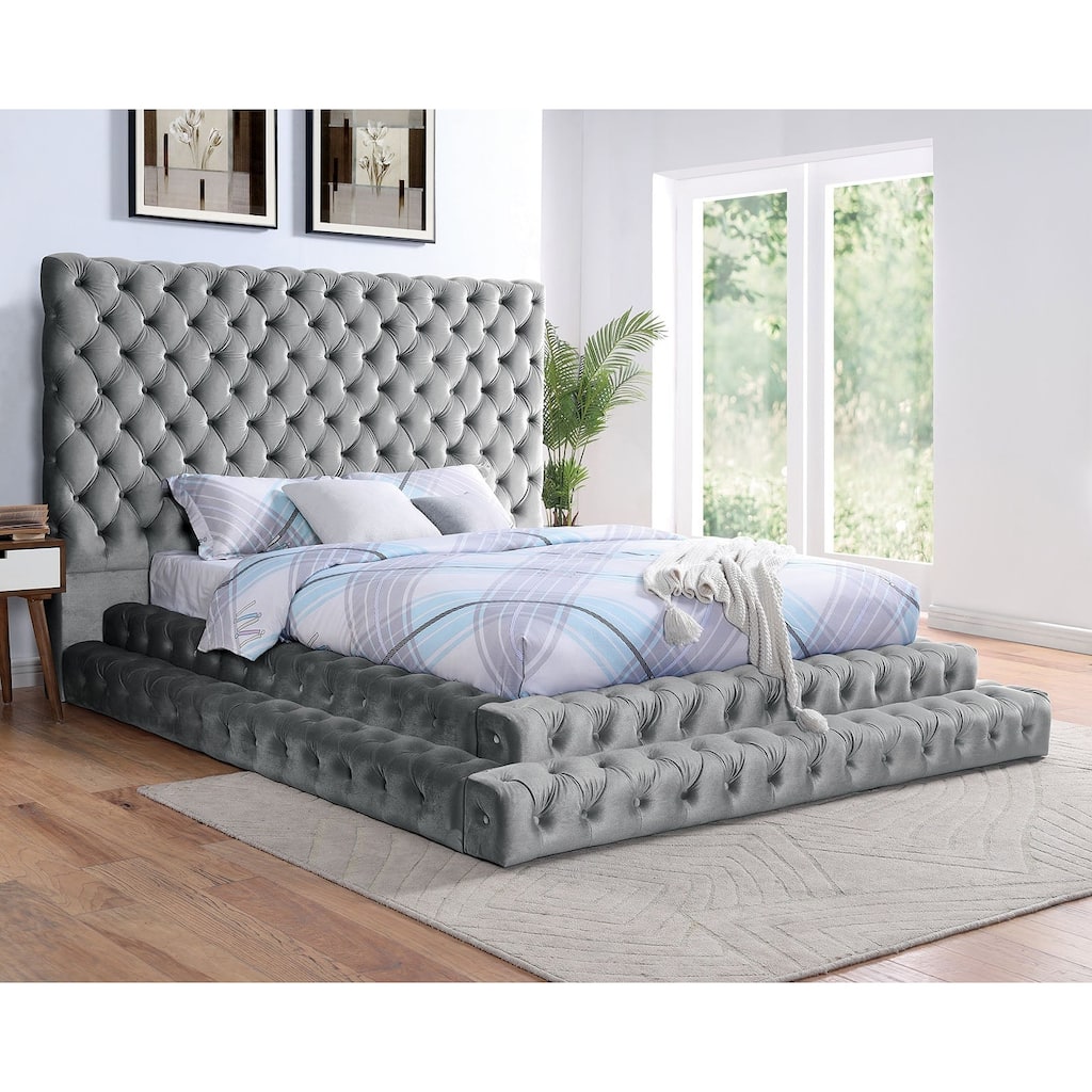 Gray Finish Glam 1PC Step Up Platform Bed Fully Upholstered Button Tufted