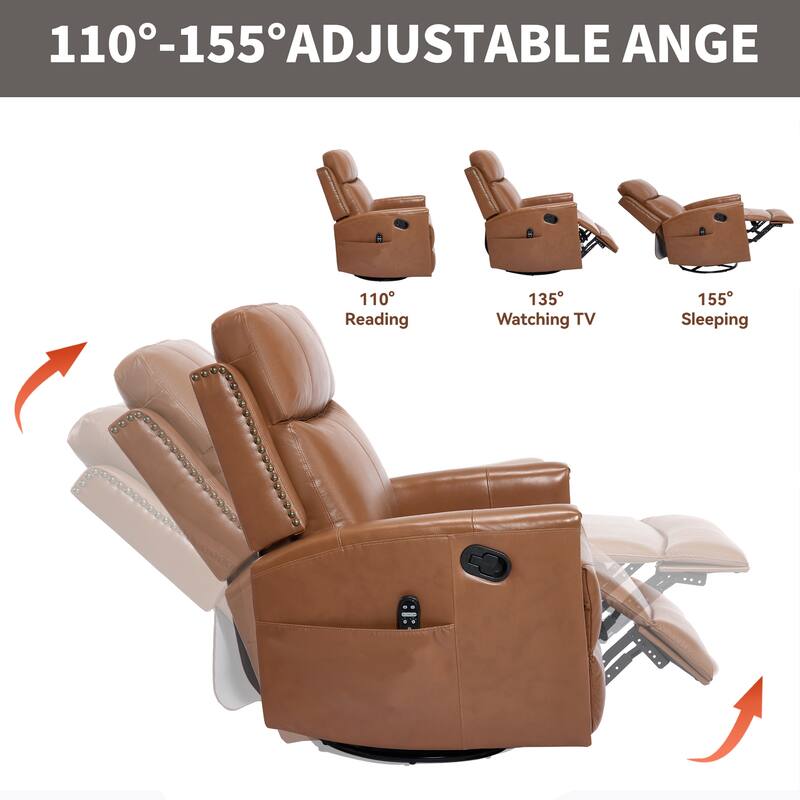 Roomfitters Genuine Leather Swivel Rocker Recliner, Manual Massage Glider with Heat and Top Grain Cowhide, Living Room