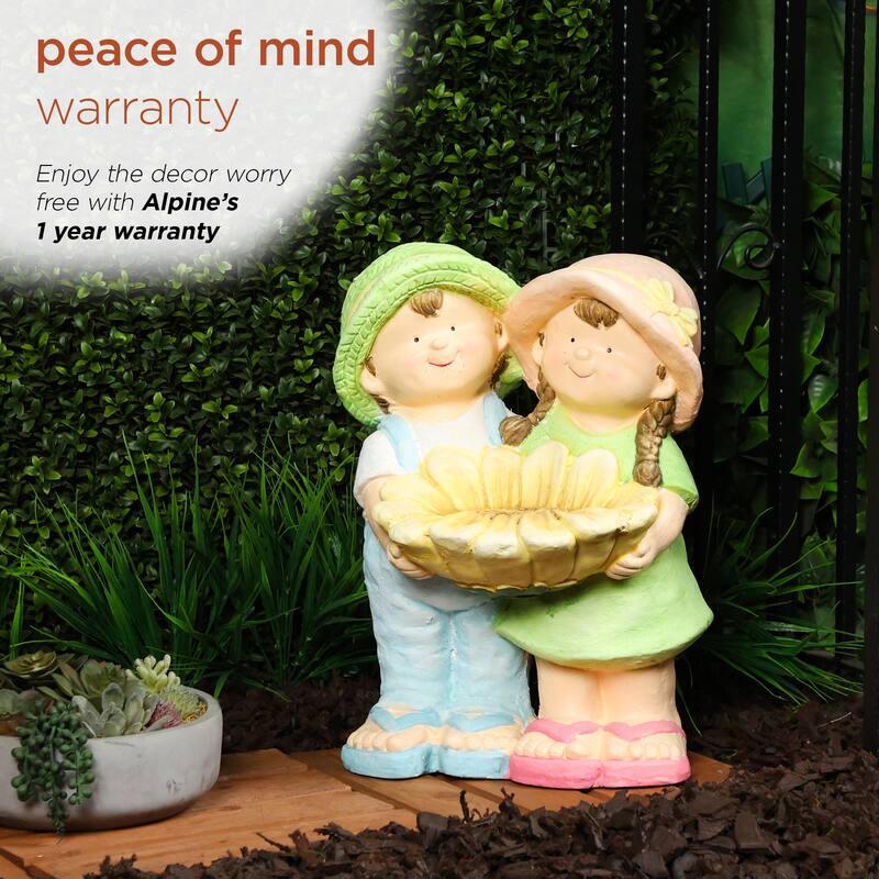 Boy and Girl Statue Holding Sunflower Birdbath