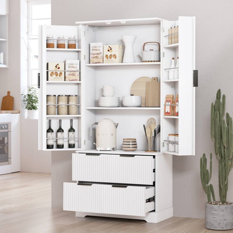 71.65" H Fluted Kitchen Pantry Cabinet, Freestanding Storage Cabinet Buffet Sideboard with 2 Large Drawers & 8-Door Spice Rack