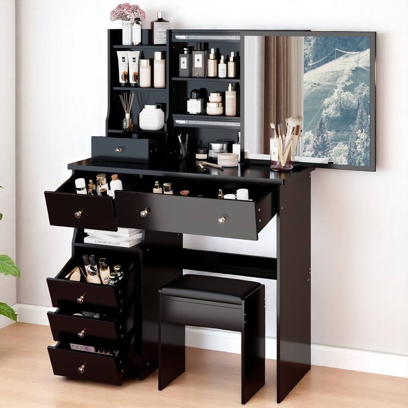 37" Makeup Vanity Table with Left Drawers, Sliding Mirror & High-Capacity Storage, Includes Stool